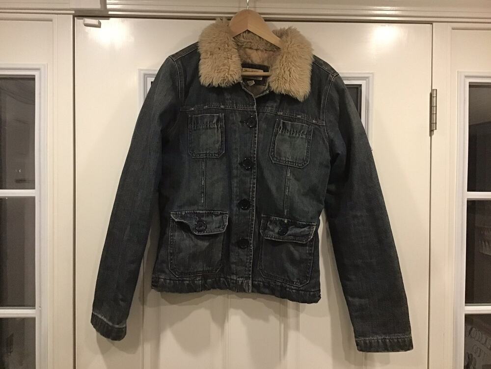 VTG Abercrombie & Fitch Y2K Chore Denim Jacket Quilted Women L Faux Fur Collar